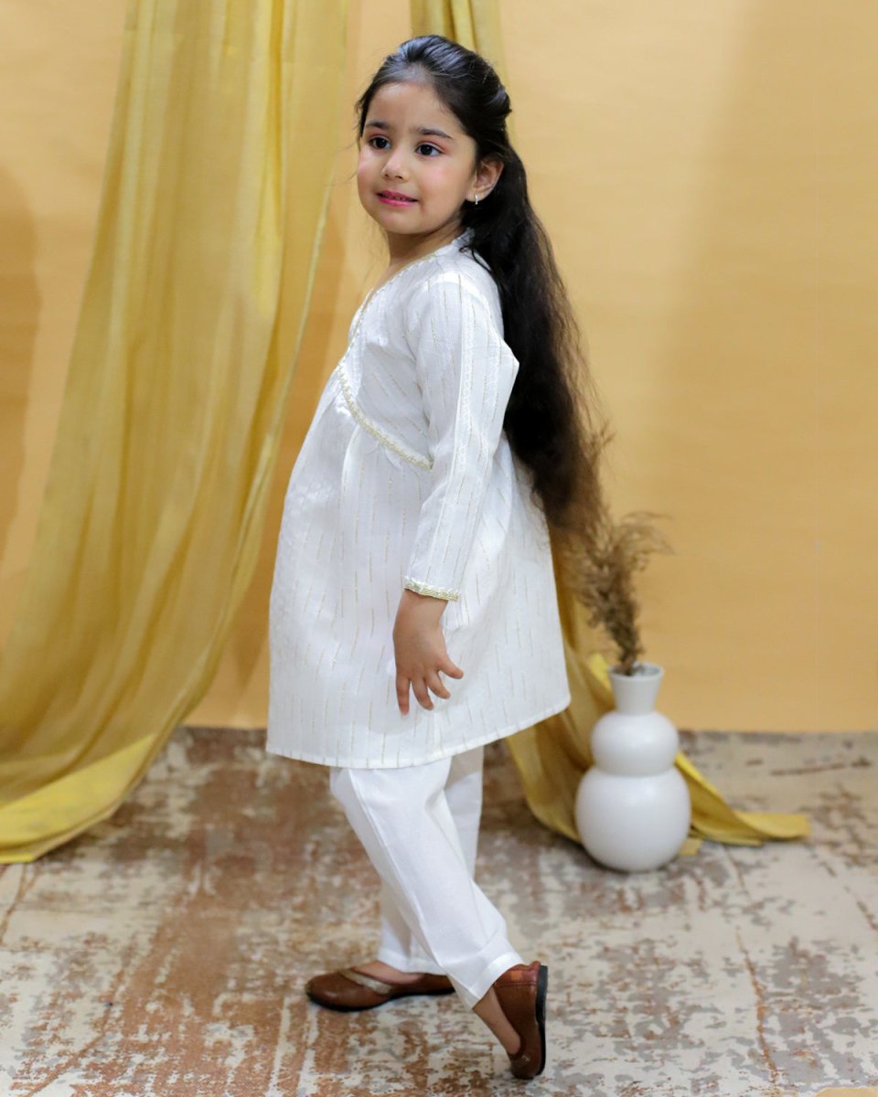 White Lotus Print Girls Alia Cut Kurta Pajama Set