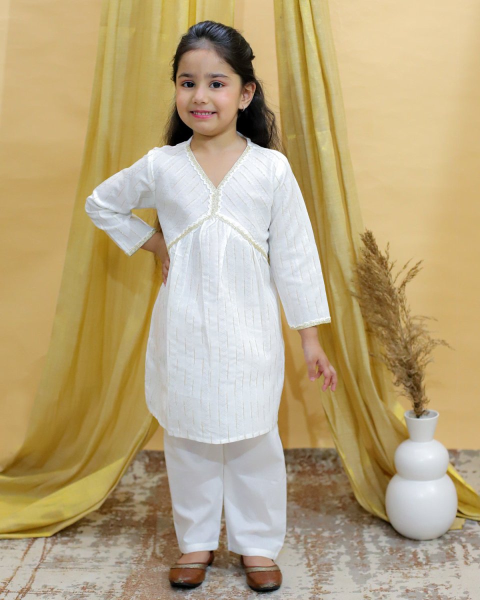 White Lotus Print Girls Alia Cut Kurta Pajama Set