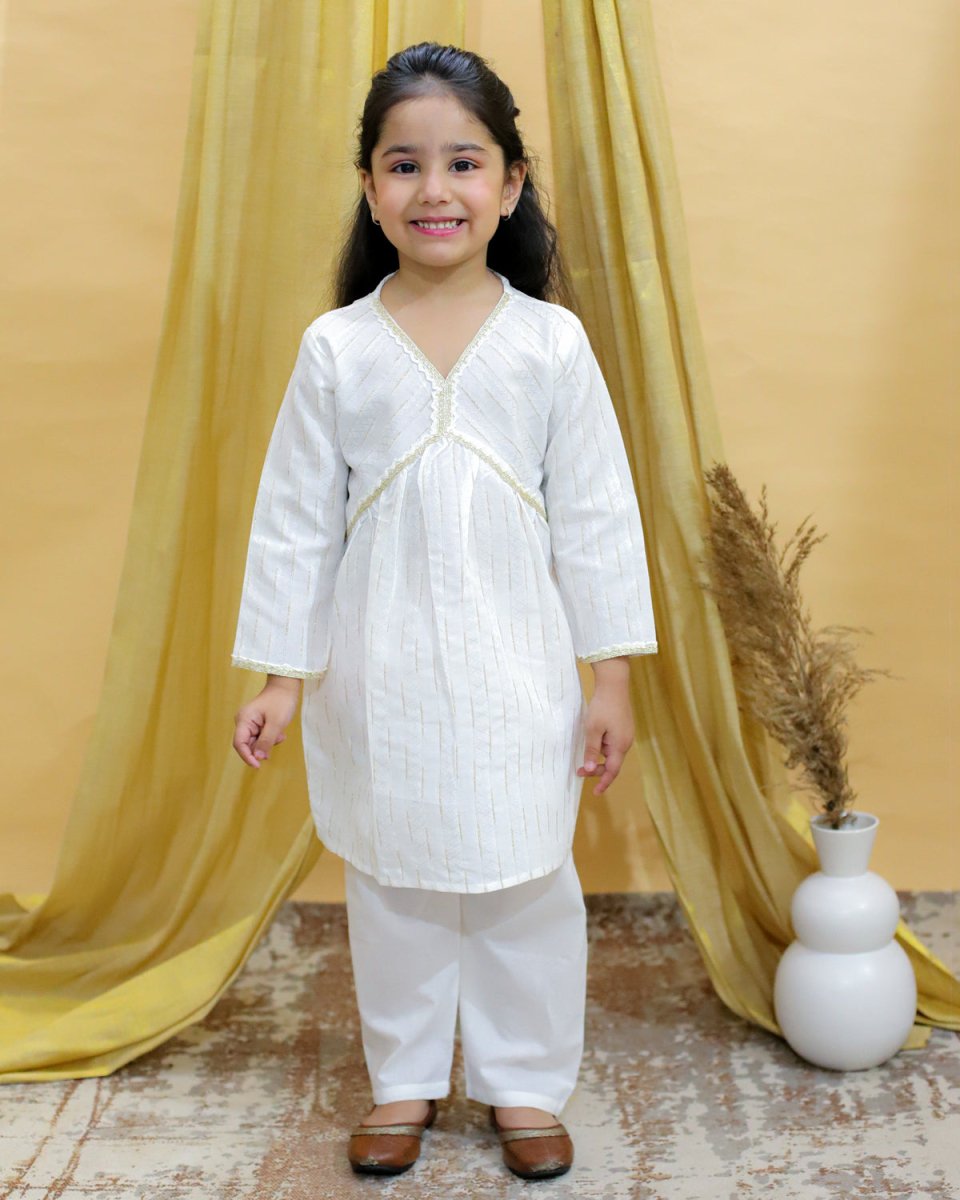 White Lotus Print Girls Alia Cut Kurta Pajama Set
