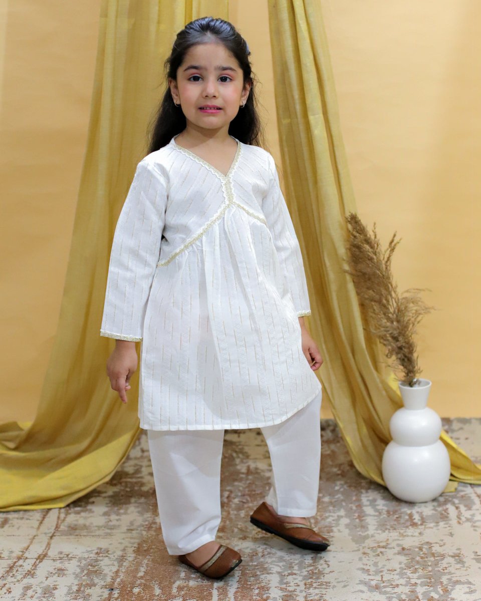 White Lotus Print Girls Alia Cut Kurta Pajama Set