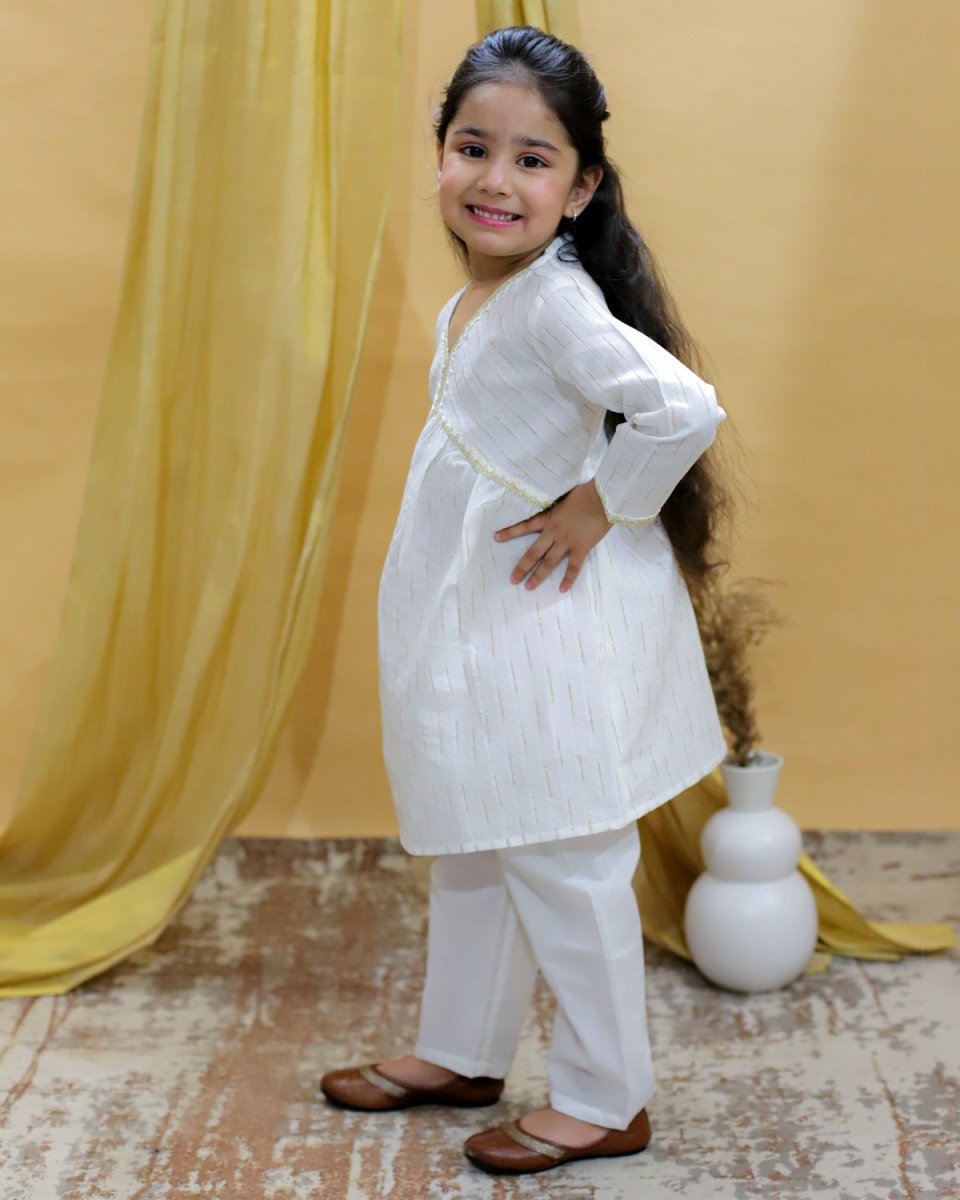 White Lotus Print Girls Alia Cut Kurta Pajama Set