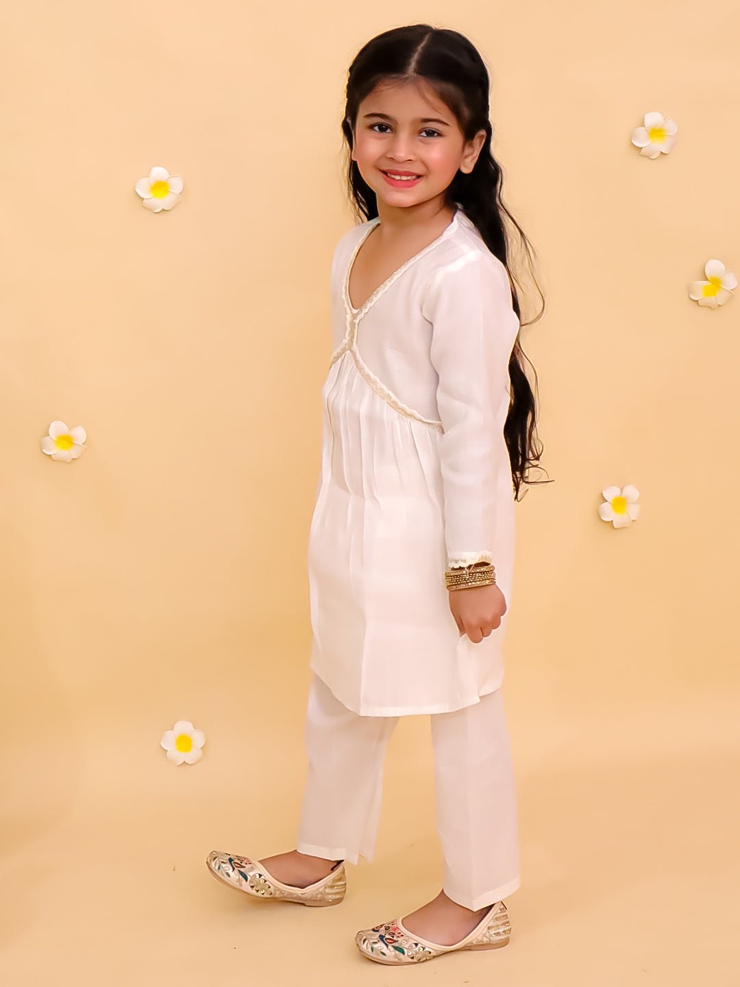 White Lotus Print Girls Alia Cut Kurta Pajama Set