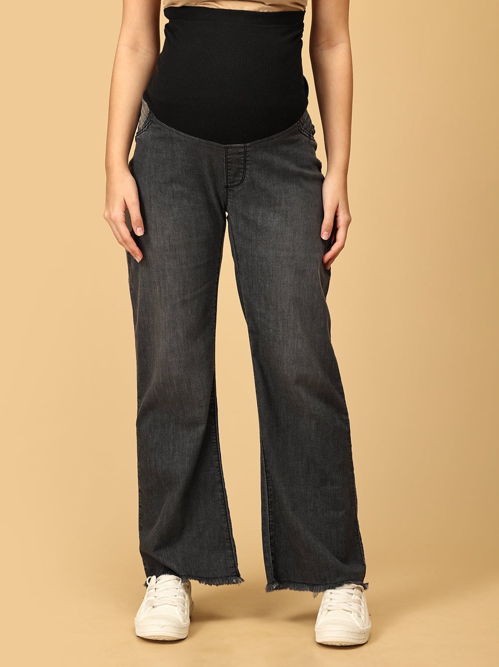 Wide Leg Maternity Denim with Belly Support Black