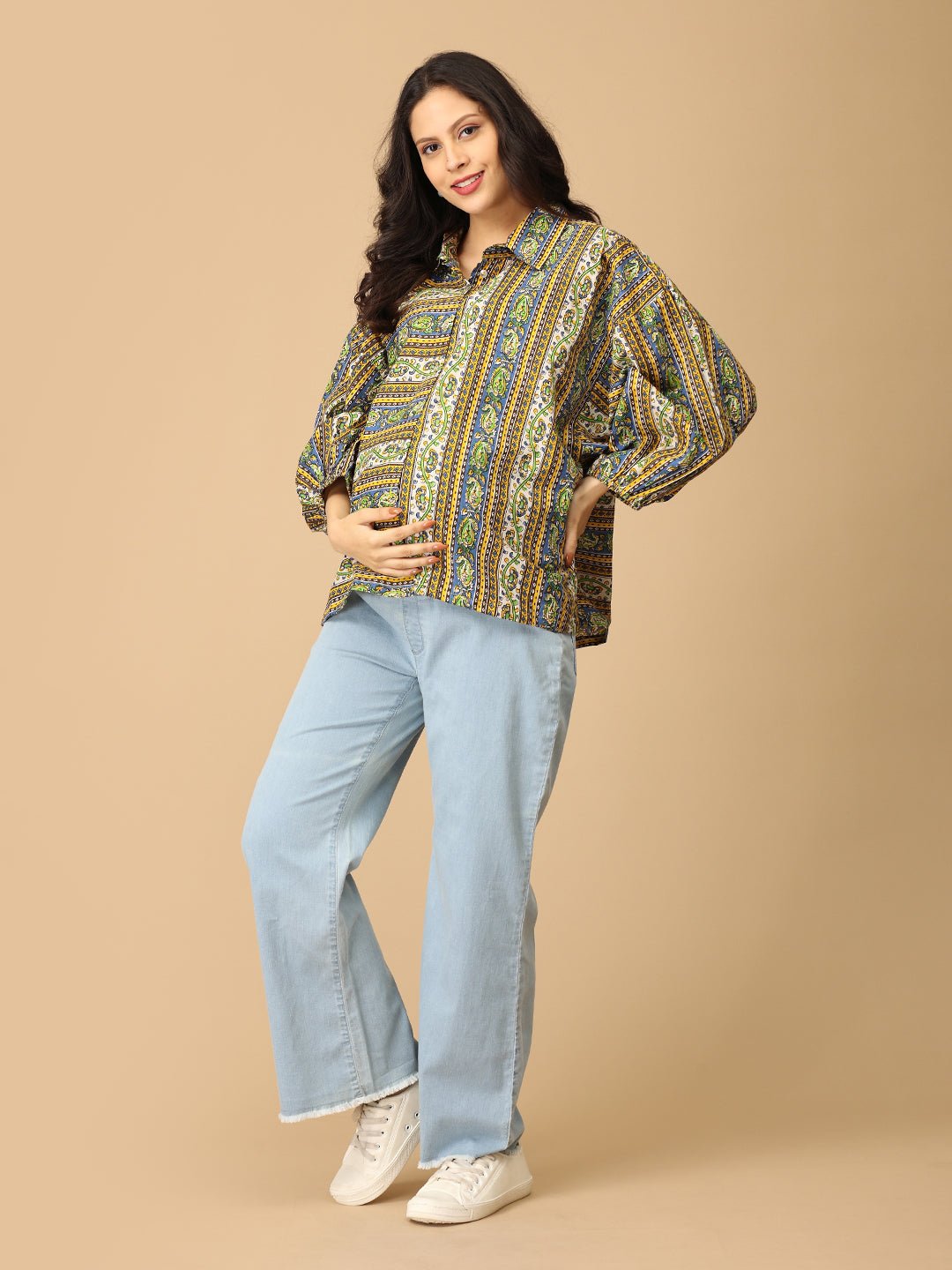 Wide Leg Maternity Denim with Belly Support Light Blue