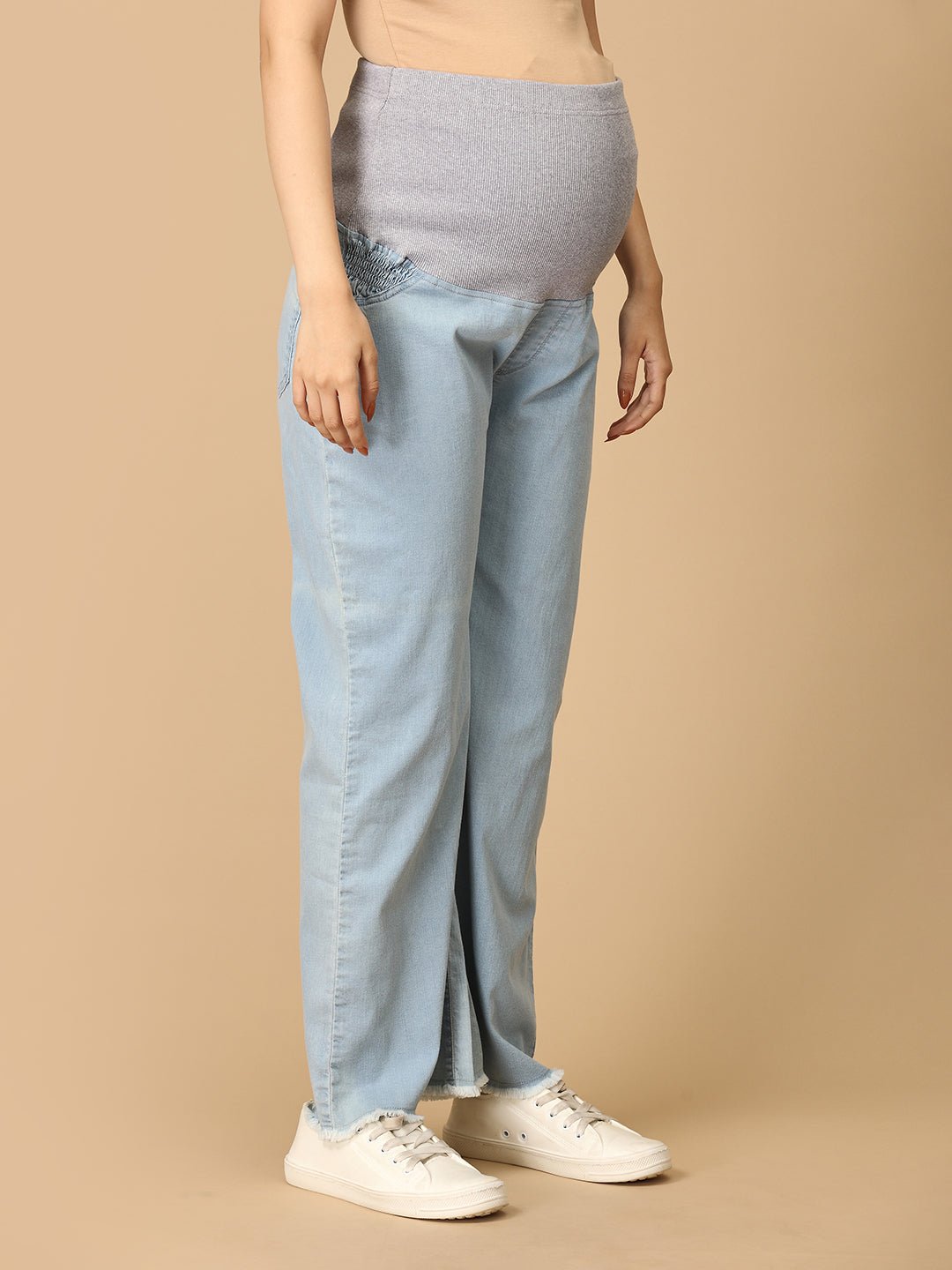 Wide Leg Maternity Denim with Belly Support Light Blue
