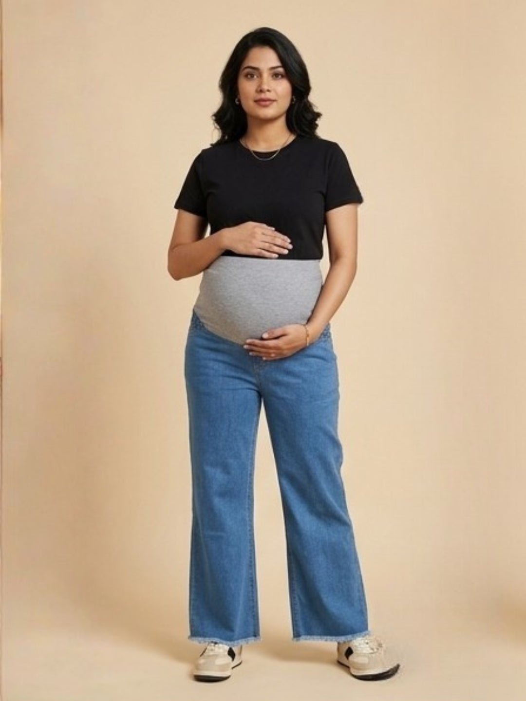 Wide Leg Maternity Denim with Belly Support Mid Blue