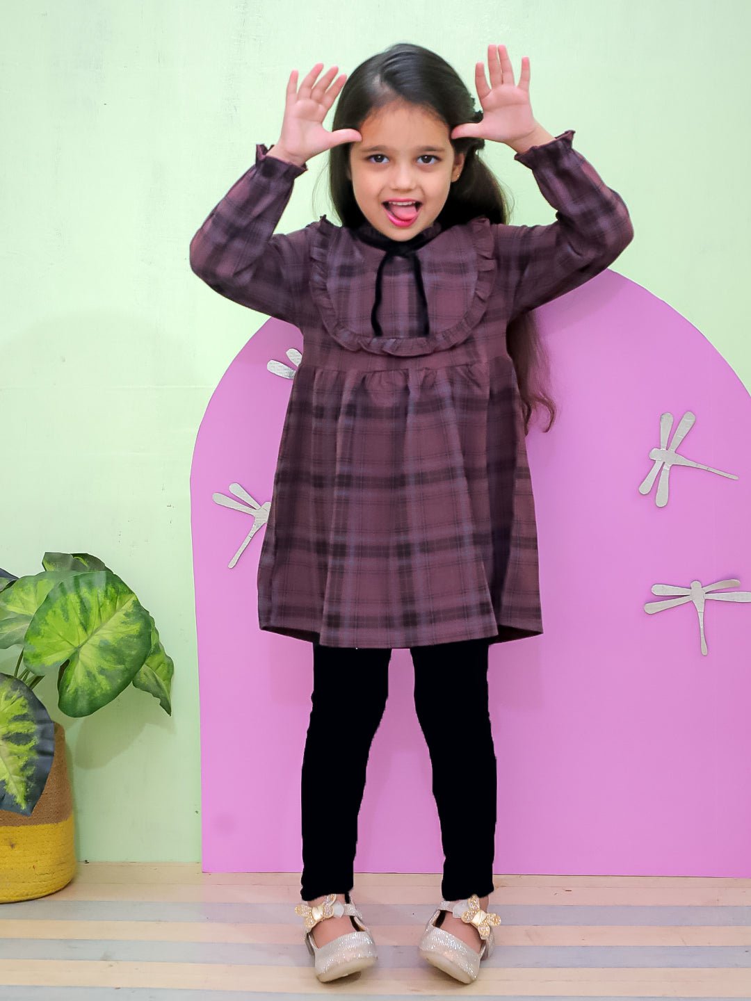 Wine Plaid Flannel Lace Collar Girls Winter Dress