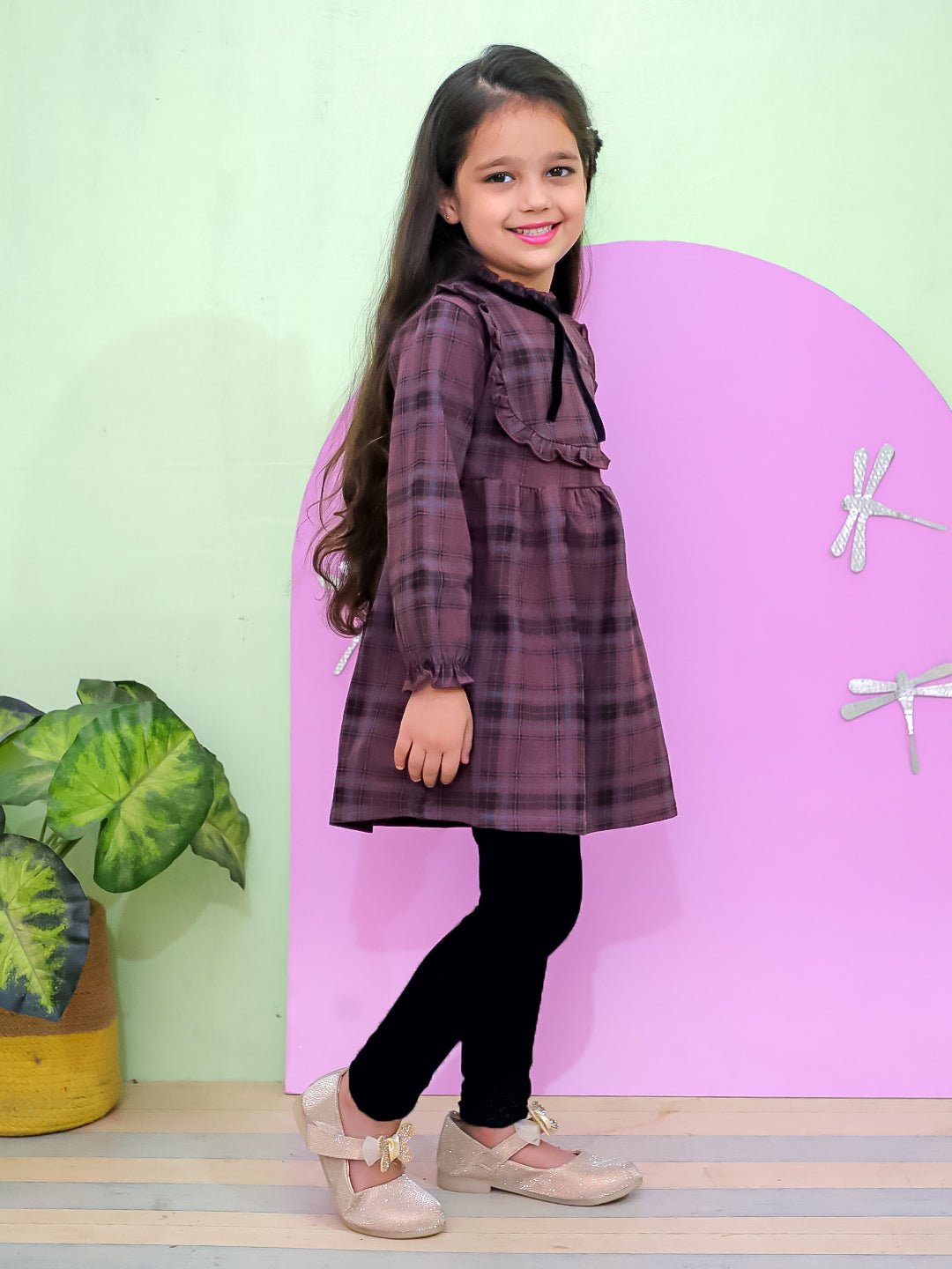 Wine Plaid Flannel Lace Collar Girls Winter Dress