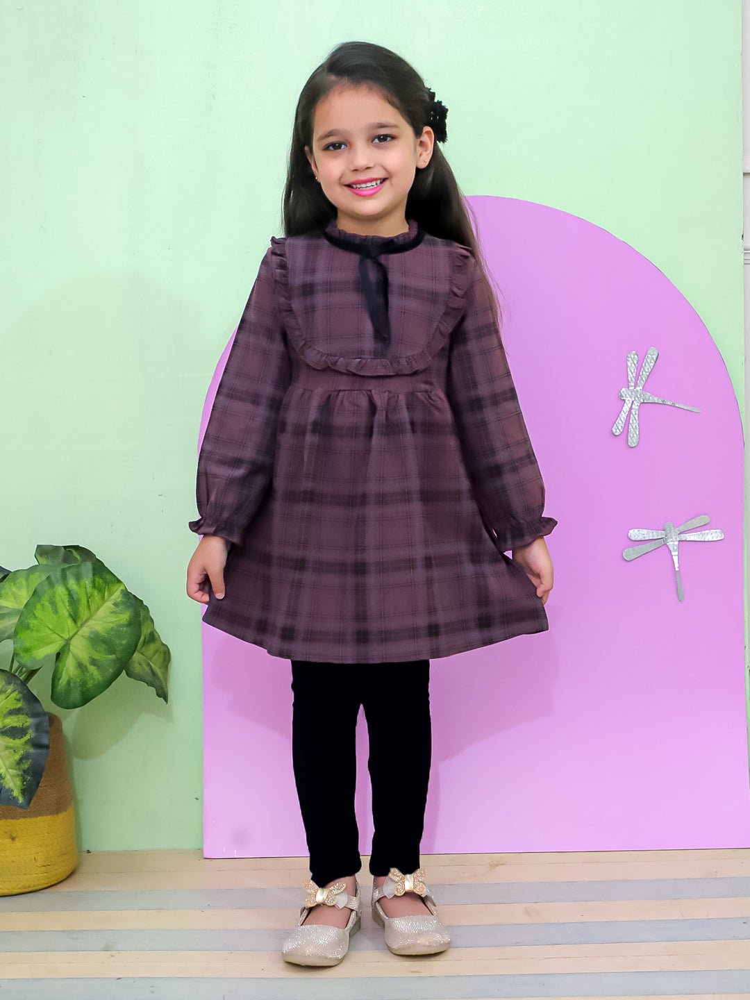 Wine Plaid Flannel Lace Collar Girls Winter Dress