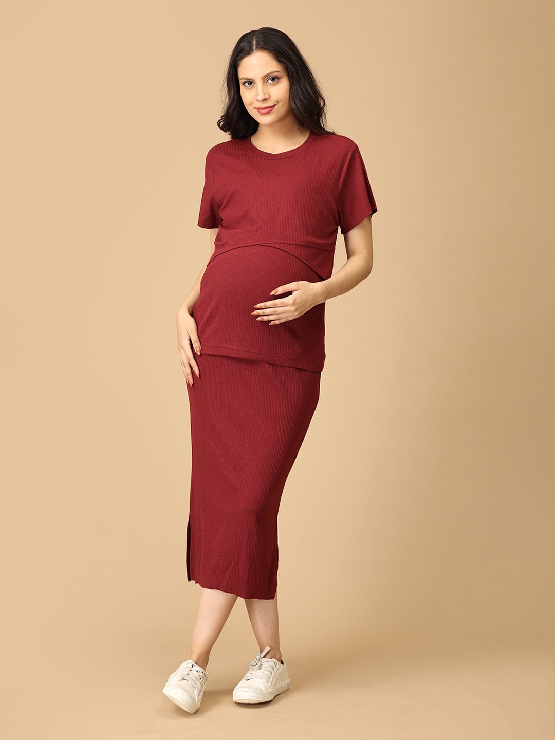 Wine & Unwind Ribbed Maternity and Nursing Co Ord Skirt Set Maroon