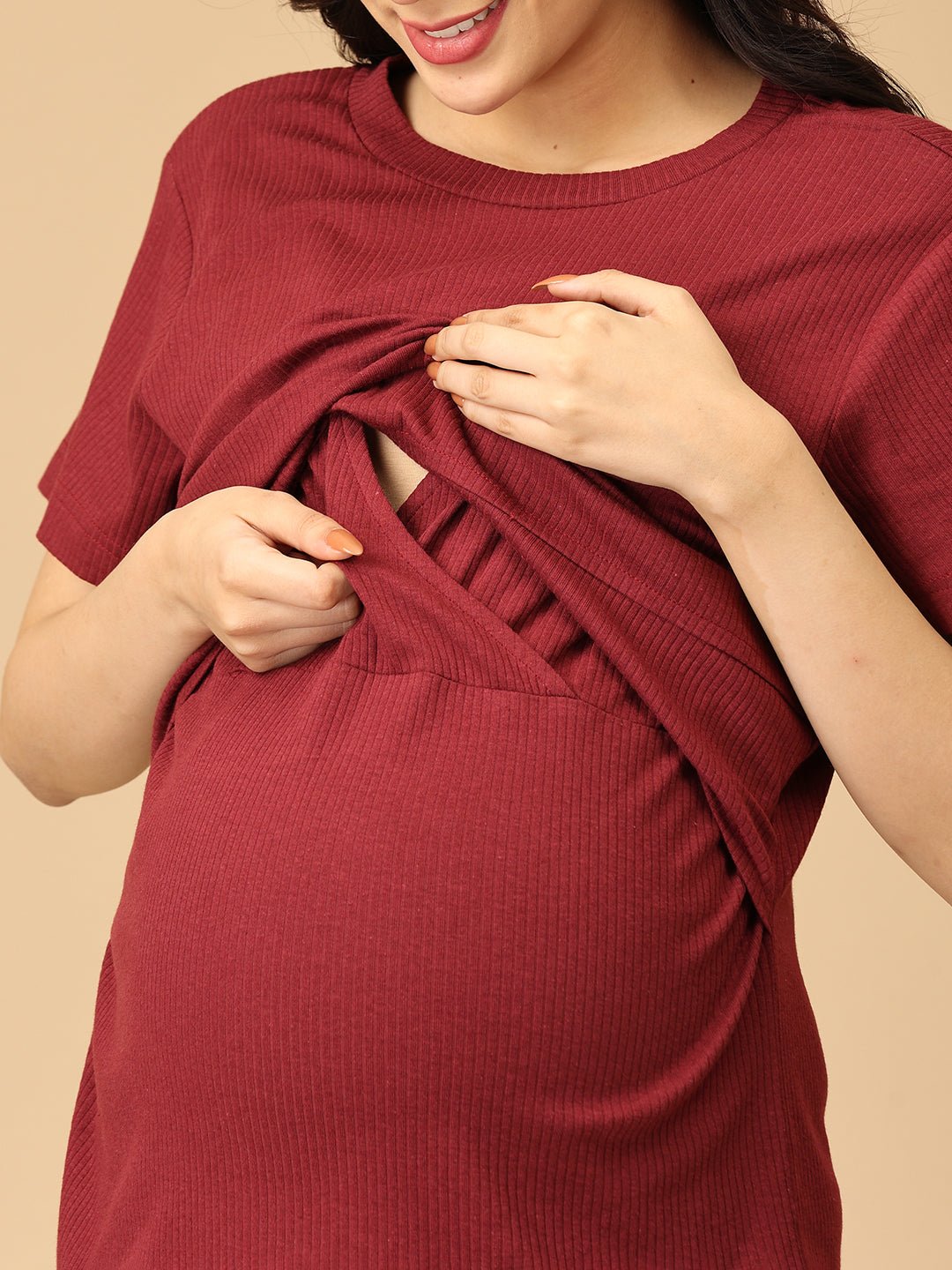 Wine & Unwind Ribbed Maternity and Nursing Co Ord Skirt Set Maroon