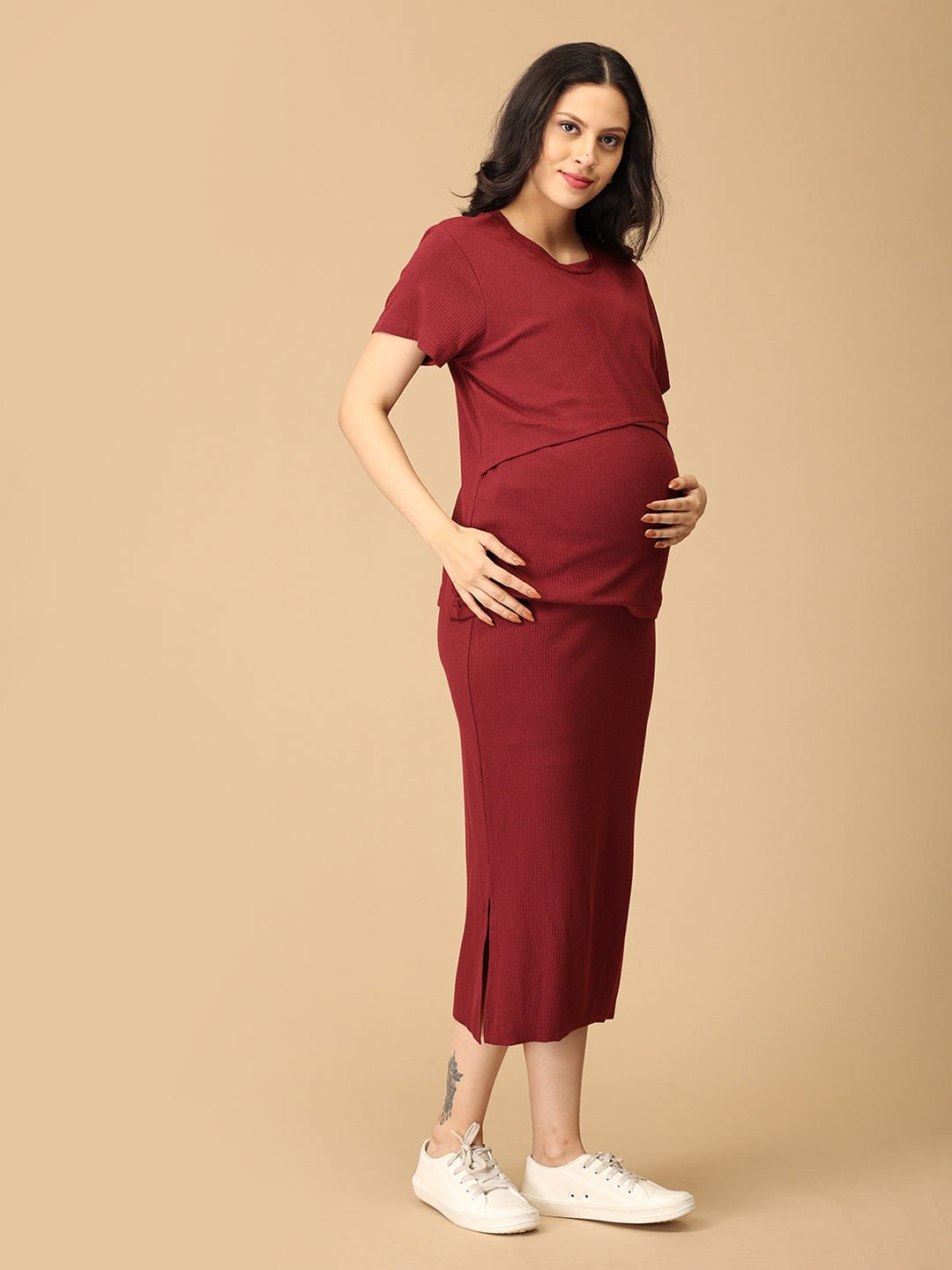 Wine & Unwind Ribbed Maternity and Nursing Co Ord Skirt Set Maroon