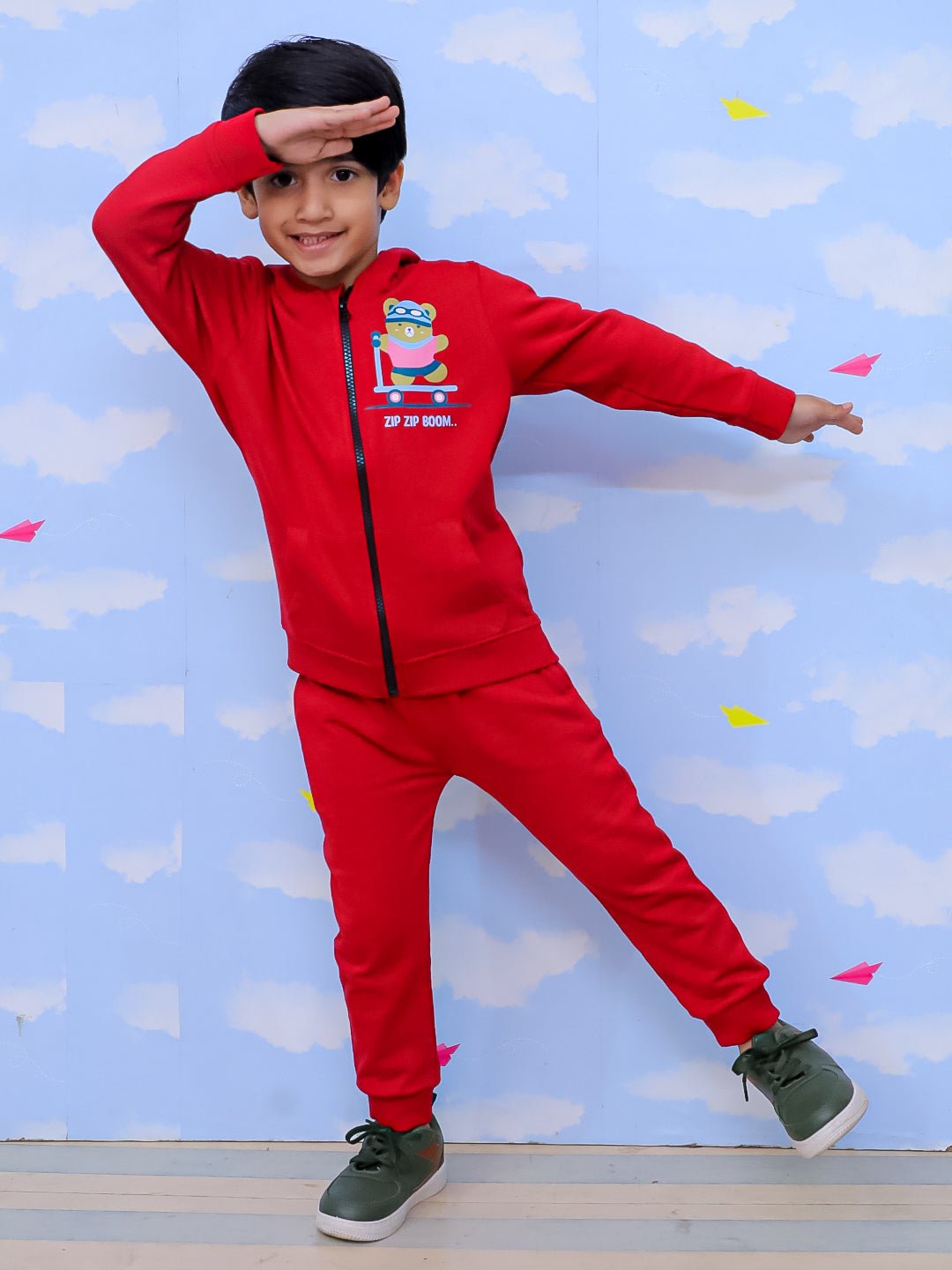 Zip Zip Boom Jacket Maroon Sweatpants Set For Kids