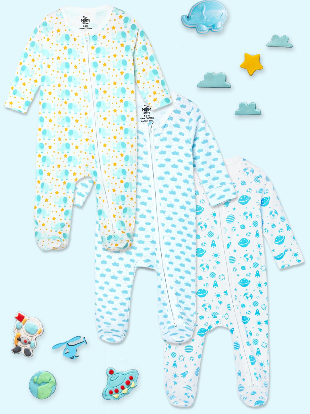 Elephantastic Happy Cloud Out Of World Zipper Romper Combo 3-Pack