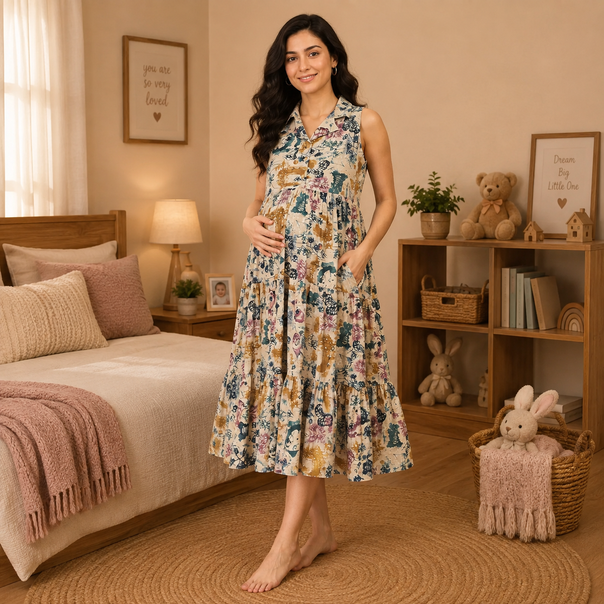 Abstract Flora Maternity and Nursing Dress Teal