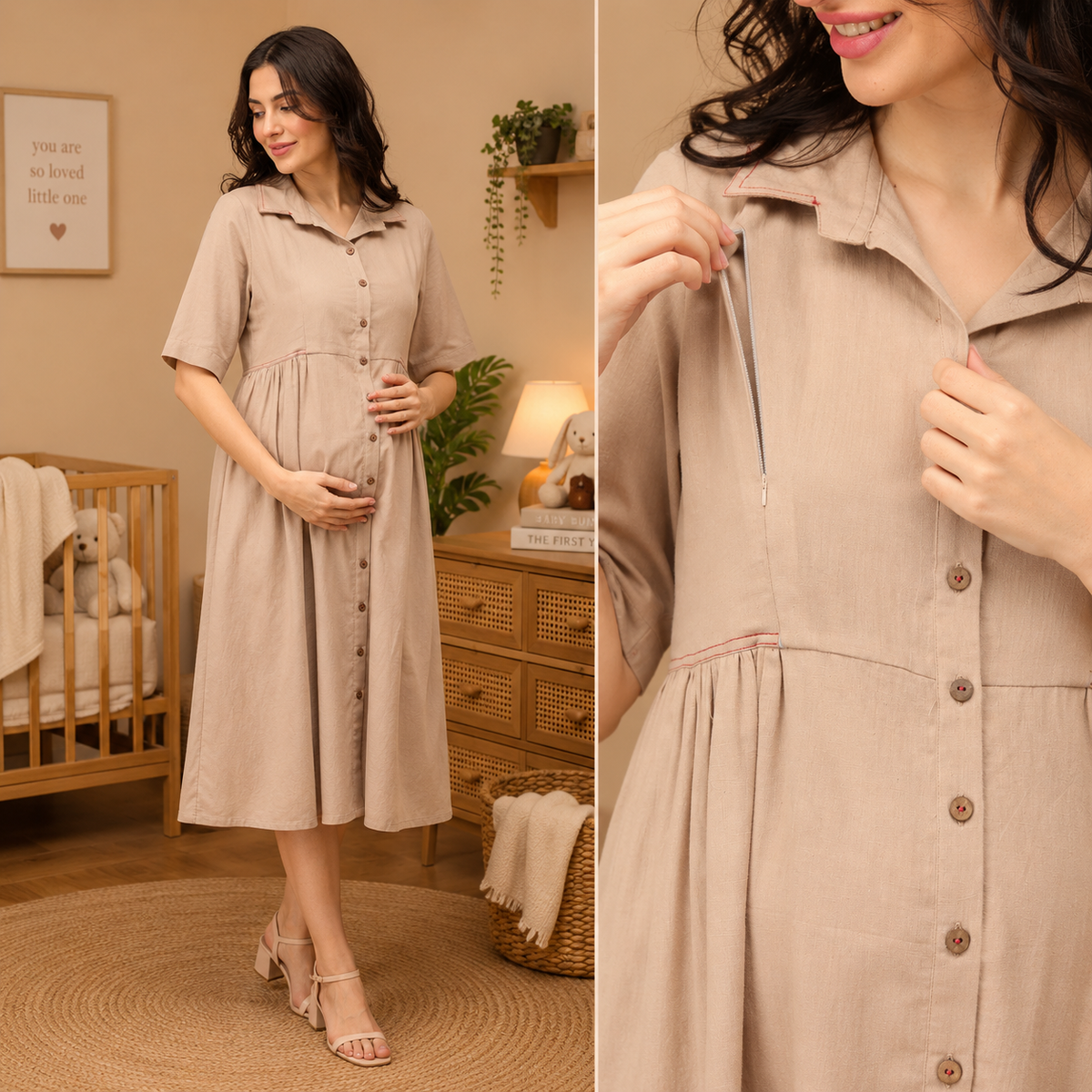 Chic Khadi Maternity and Nursing Dress Beige