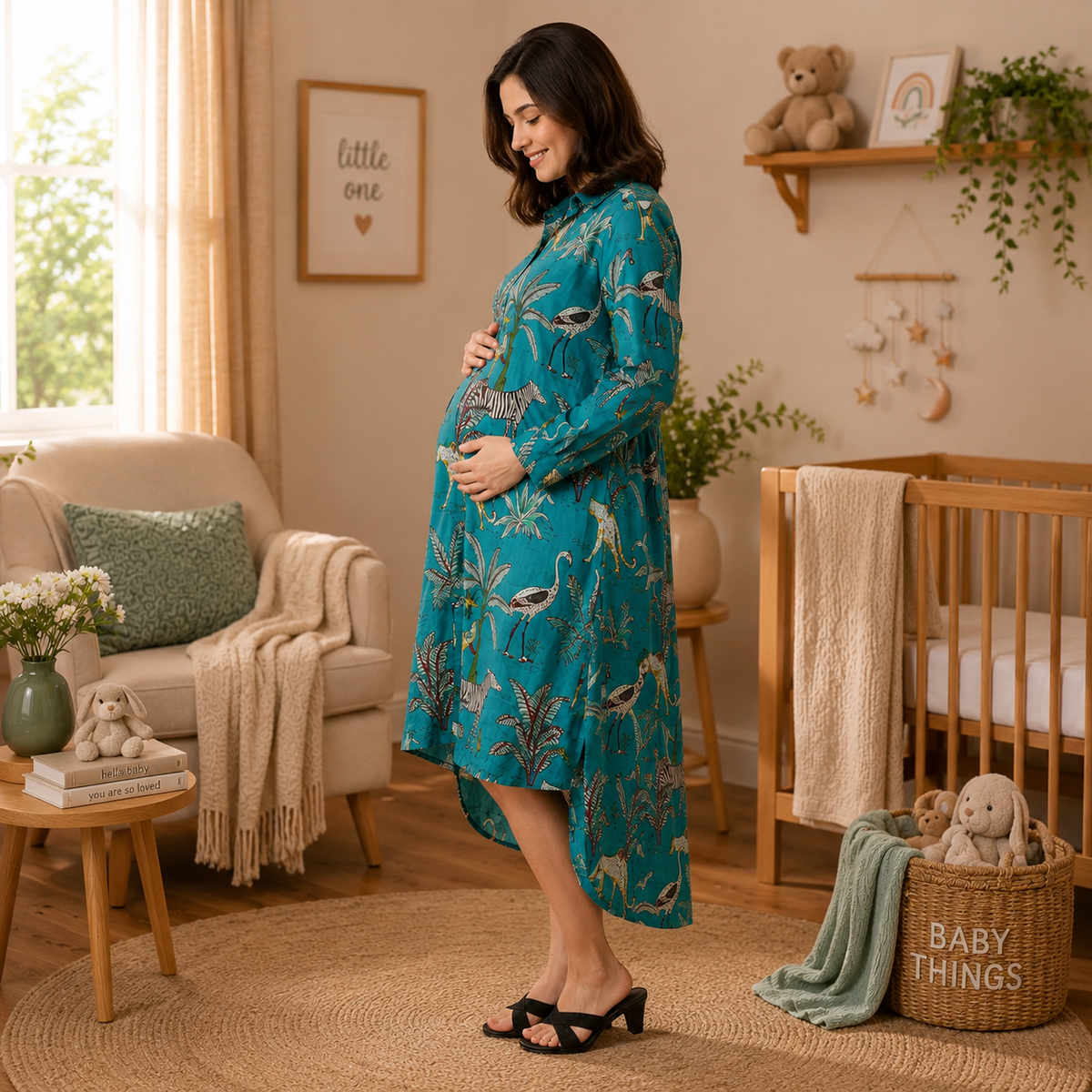 Teal Tropic Safari Maternity and Nursing Oversized Shirt Dress Multi