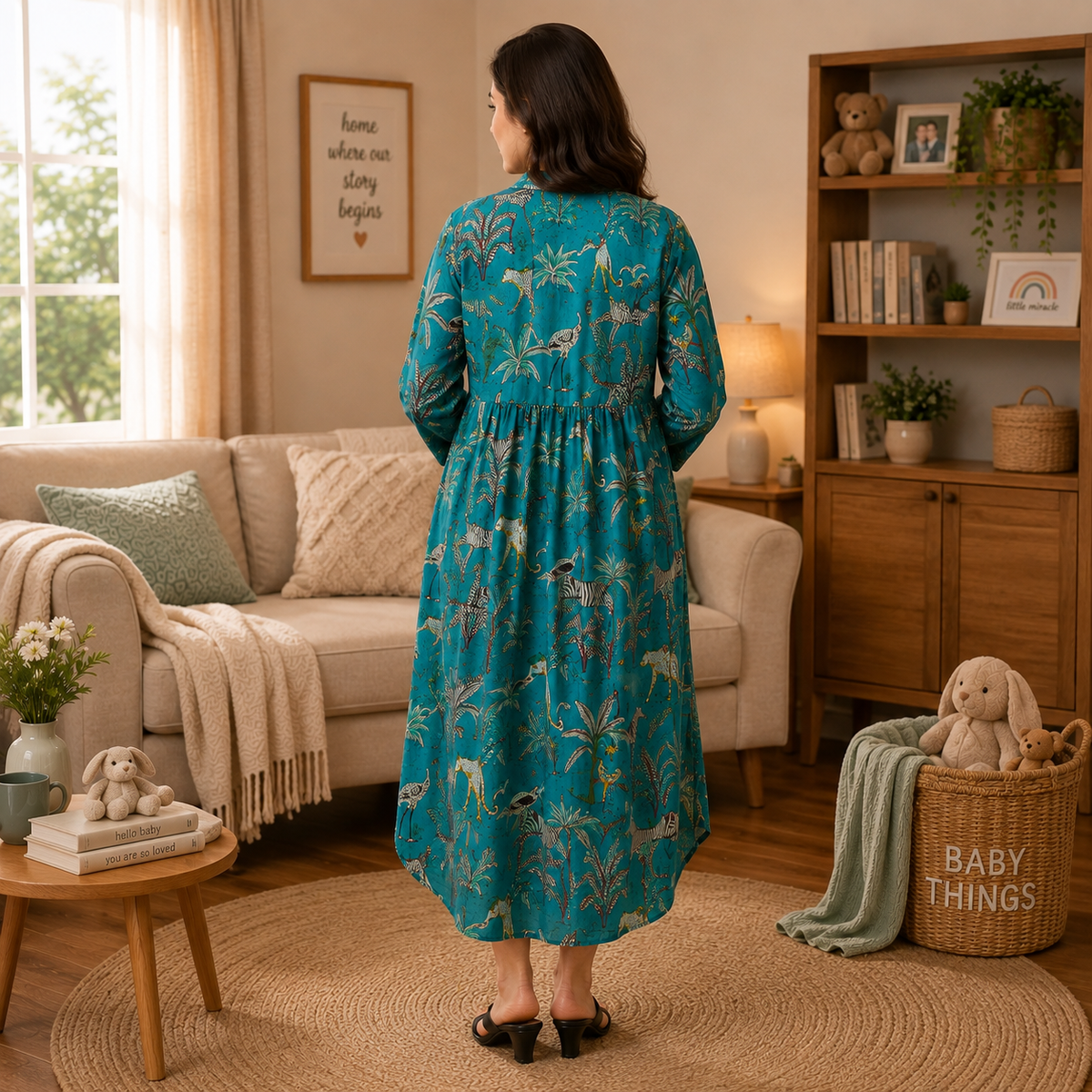 Teal Tropic Safari Maternity and Nursing Oversized Shirt Dress Multi