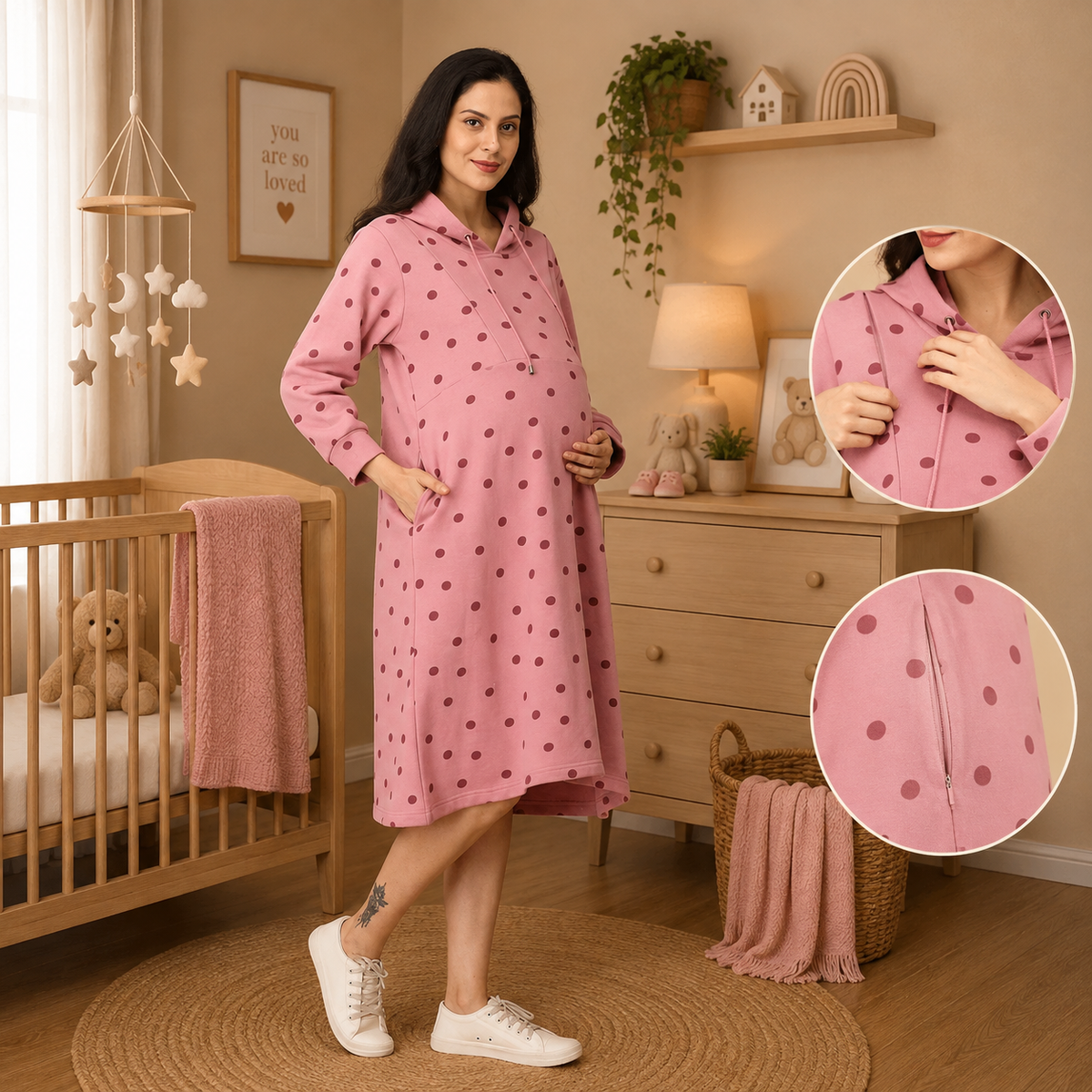 Dot Dot Blush Maternity and Nursing Hoodie Dress Pink