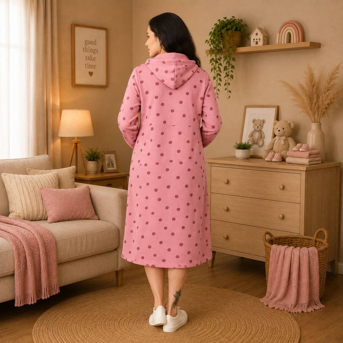 Dot Dot Blush Maternity and Nursing Hoodie Dress Pink