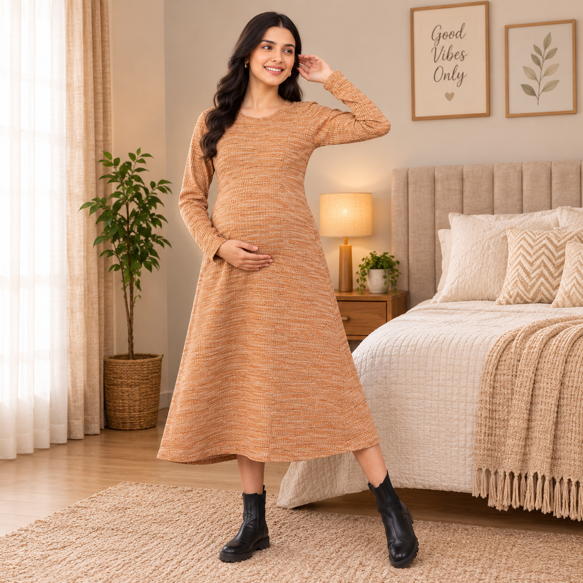Marmalade Ribbed Maternity and Nursing Dress Orange