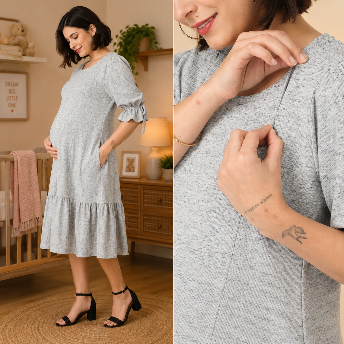 Grey Waffle Maternity and Nursing Dress Grey