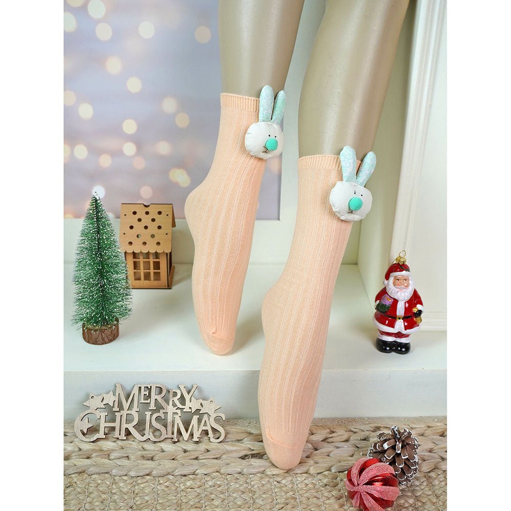 Little Surprise Box Cream Peach 3D Rabbit Face Socks Set