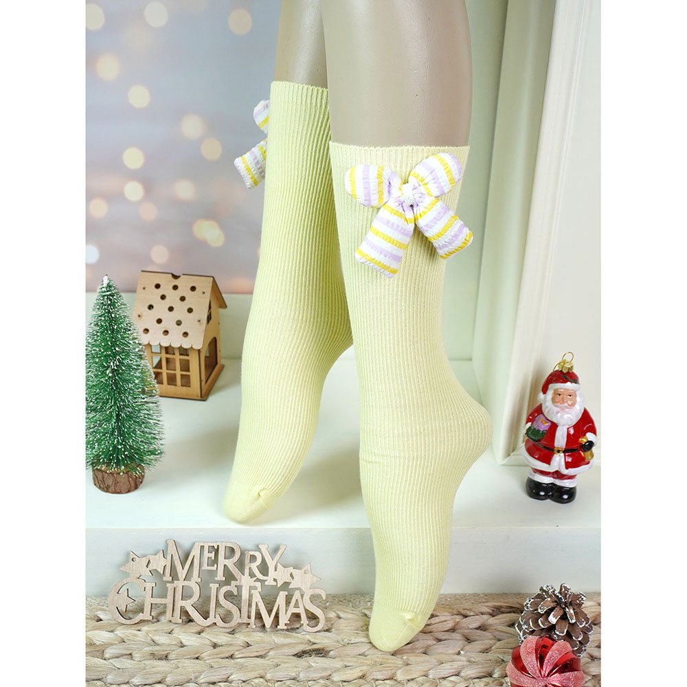 Little Surprise Box Yellow And Purple 3D Ribbed Bow Socks For Kids