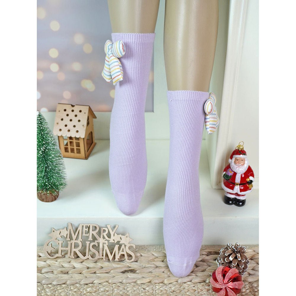 Little Surprise Box Yellow And Purple 3D Ribbed Bow Socks For Kids