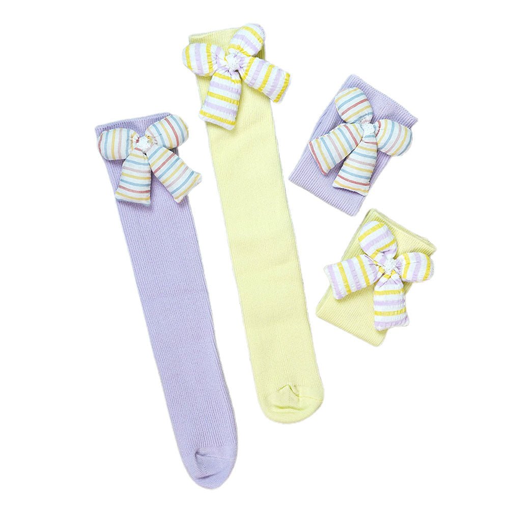 Little Surprise Box Yellow And Purple 3D Ribbed Bow Socks For Kids