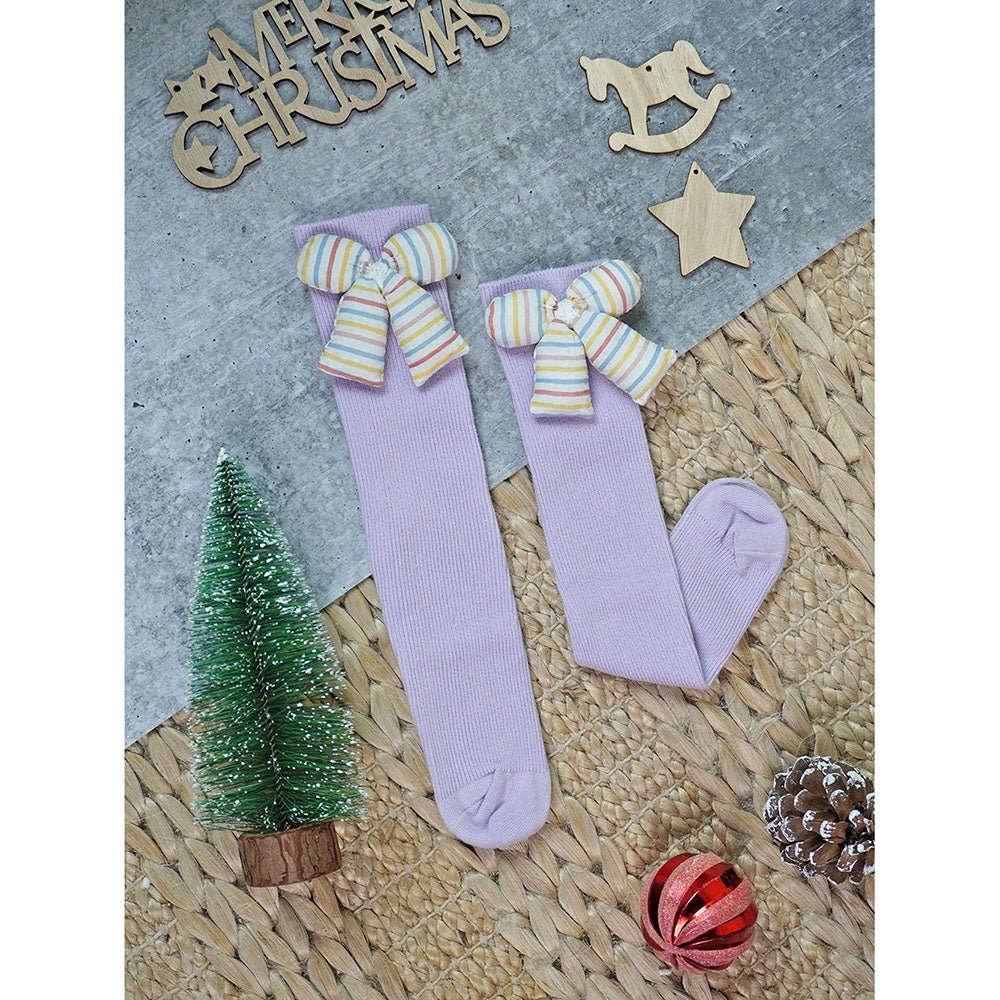 Little Surprise Box Yellow And Purple 3D Ribbed Bow Socks For Kids