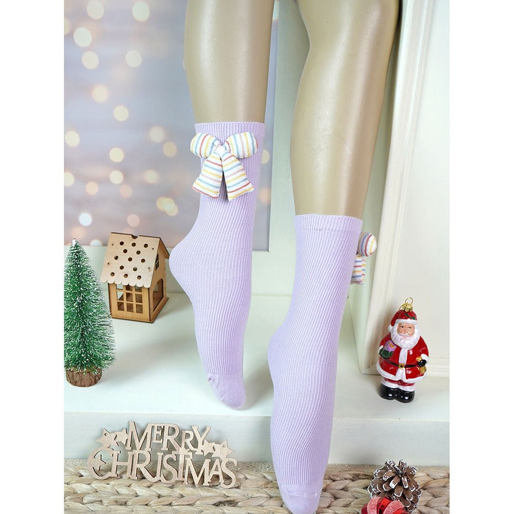 Little Surprise Box Yellow And Purple 3D Ribbed Bow Socks For Kids