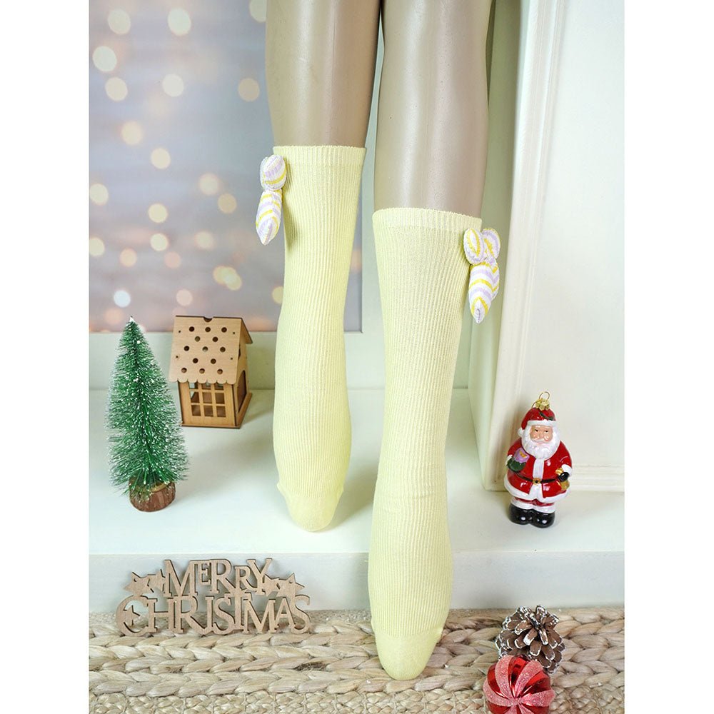 Little Surprise Box Yellow And Purple 3D Ribbed Bow Socks For Kids
