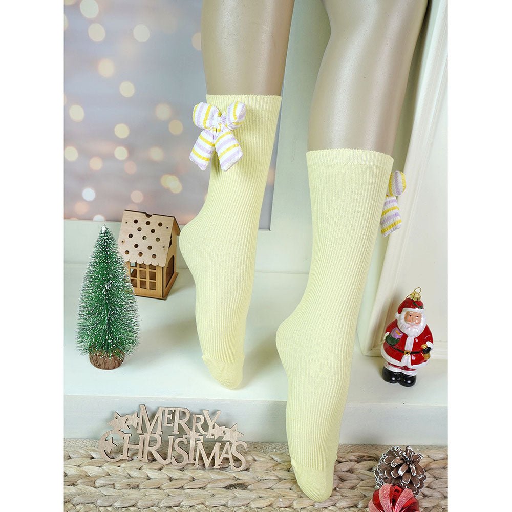 Little Surprise Box Yellow And Purple 3D Ribbed Bow Socks For Kids