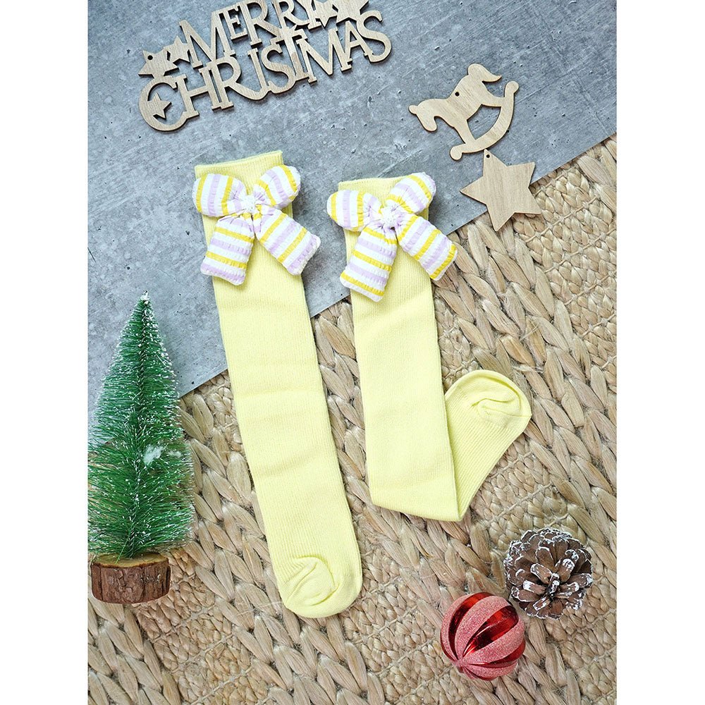 Little Surprise Box Yellow And Purple 3D Ribbed Bow Socks For Kids