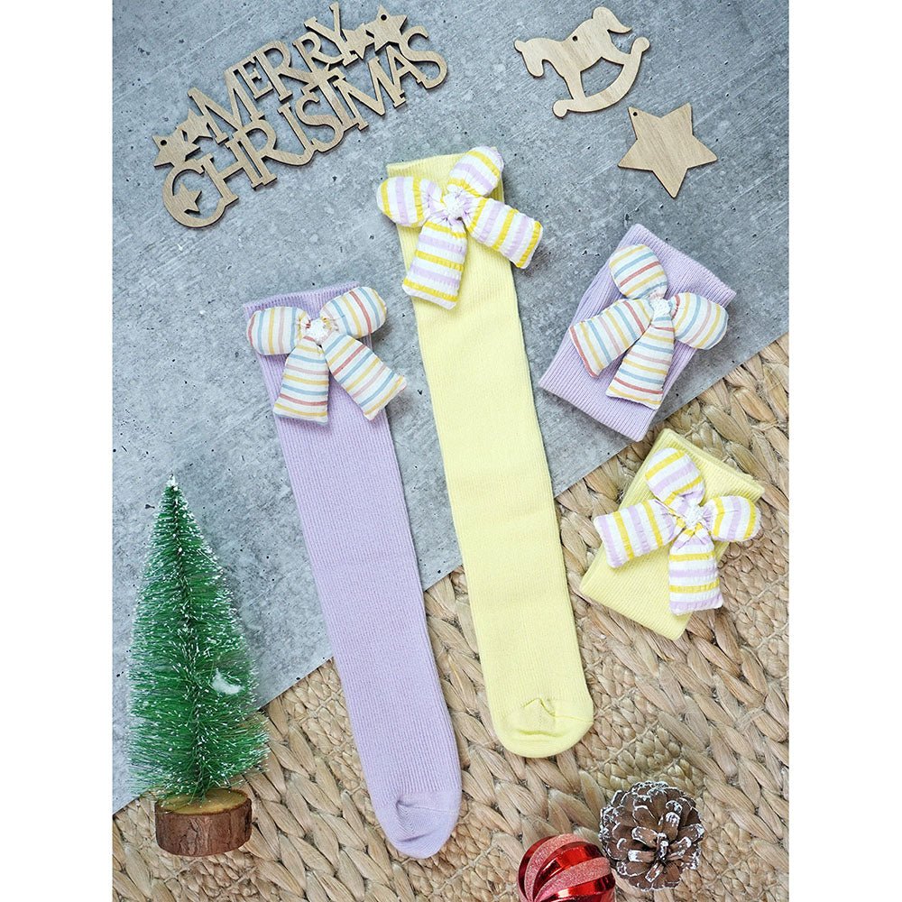 Little Surprise Box Yellow And Purple 3D Ribbed Bow Socks For Kids