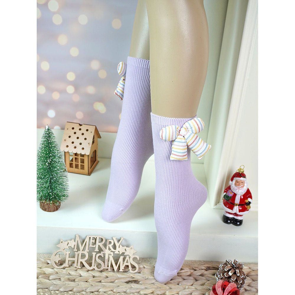 Little Surprise Box Yellow And Purple 3D Ribbed Bow Socks For Kids