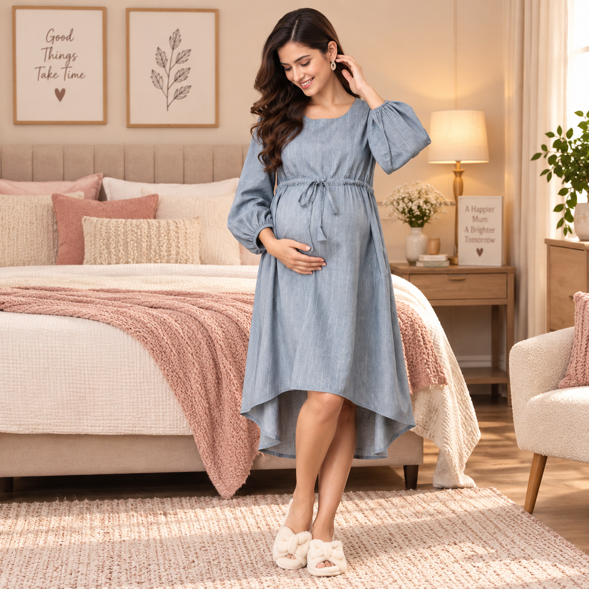 Arona Grey Shimmer Stripes Maternity and Nursing Dress Grey
