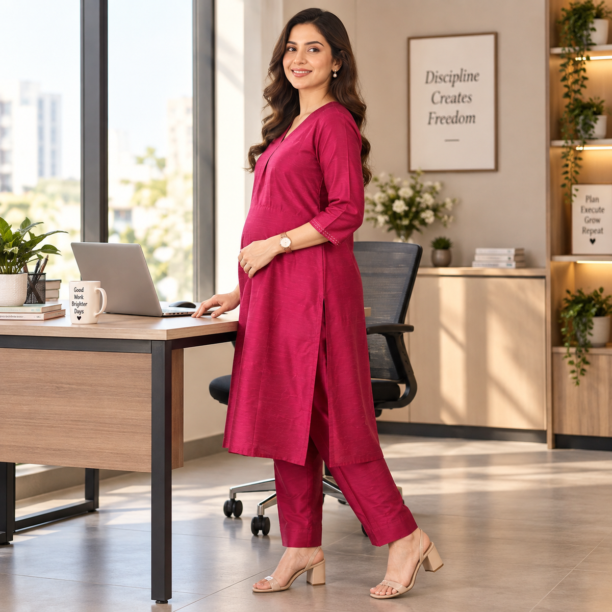 Magenta Haze Embroidered Maternity Silk Kurta Set Magenta