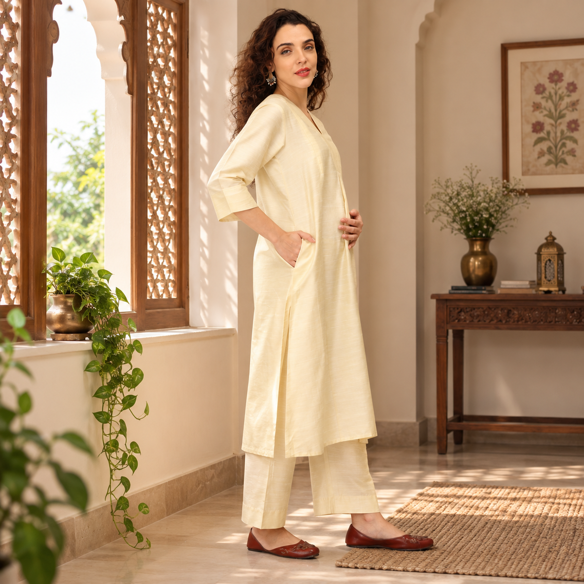 Noorlan Maternity & Nursing Silk Kurta Set – Off White