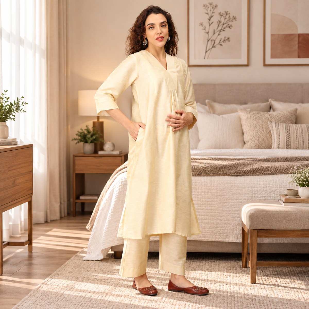 Noorlan Maternity & Nursing Silk Kurta Set – Off White