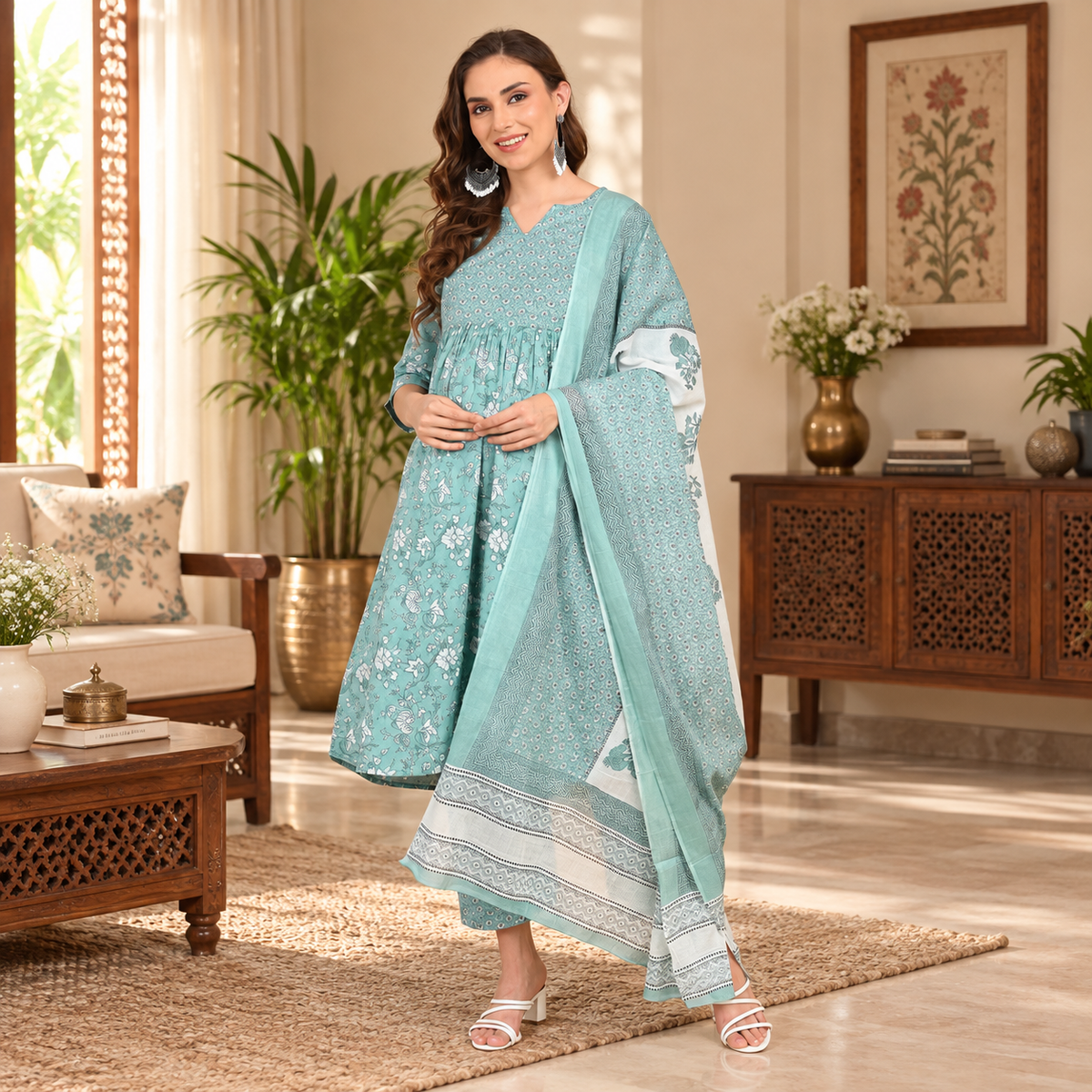 Sage Green Maternity & Nursing Kurta Set with Dupatta