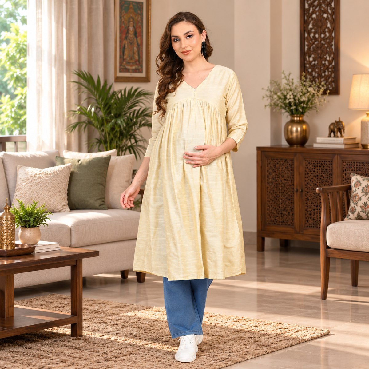 Sukoon Maternity & Nursing Silk Kurta – Cream