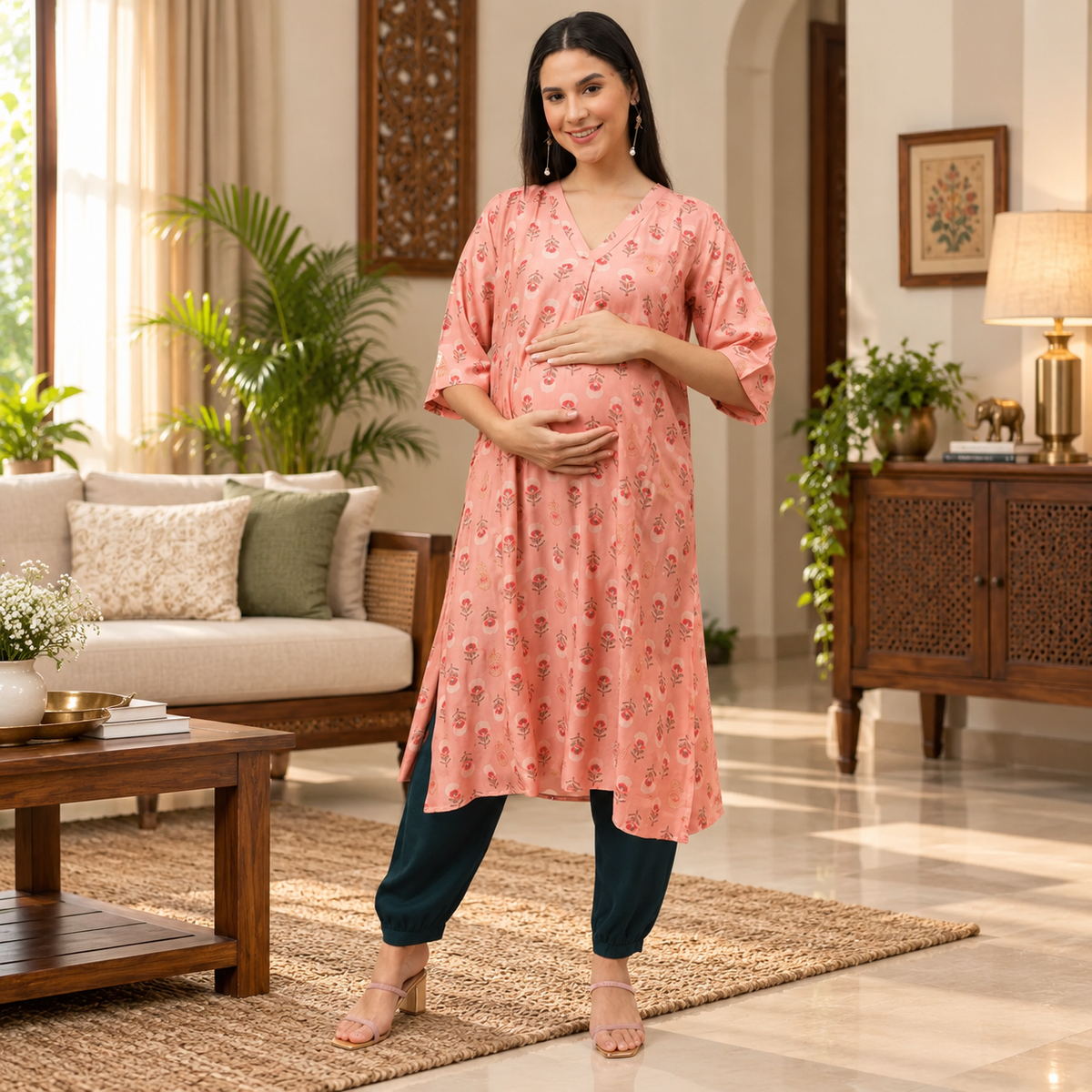 Peach Maternity & Nursing Kurta Set