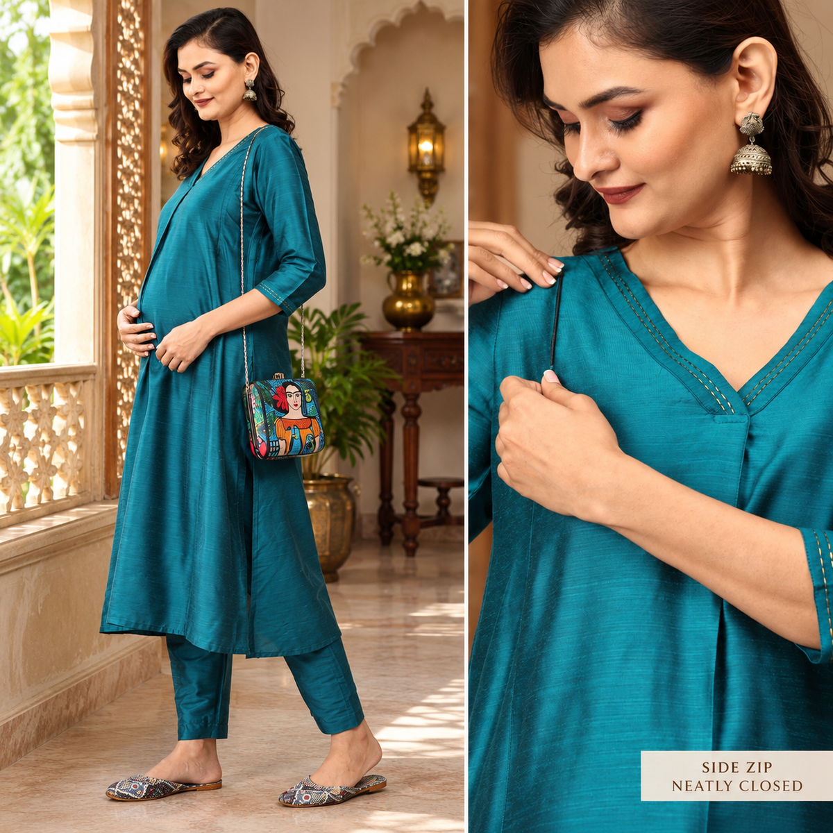 Drama at Gala Embroidered Maternity and Nursing Silk Kurta Set Teal