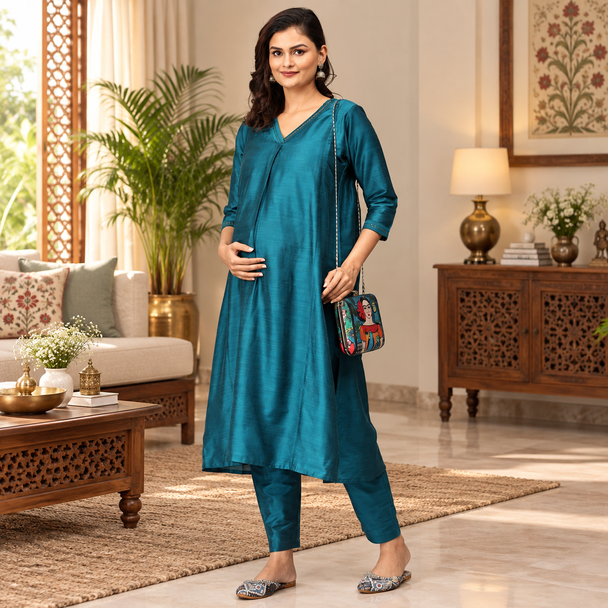 Drama at Gala Embroidered Maternity and Nursing Silk Kurta Set Teal