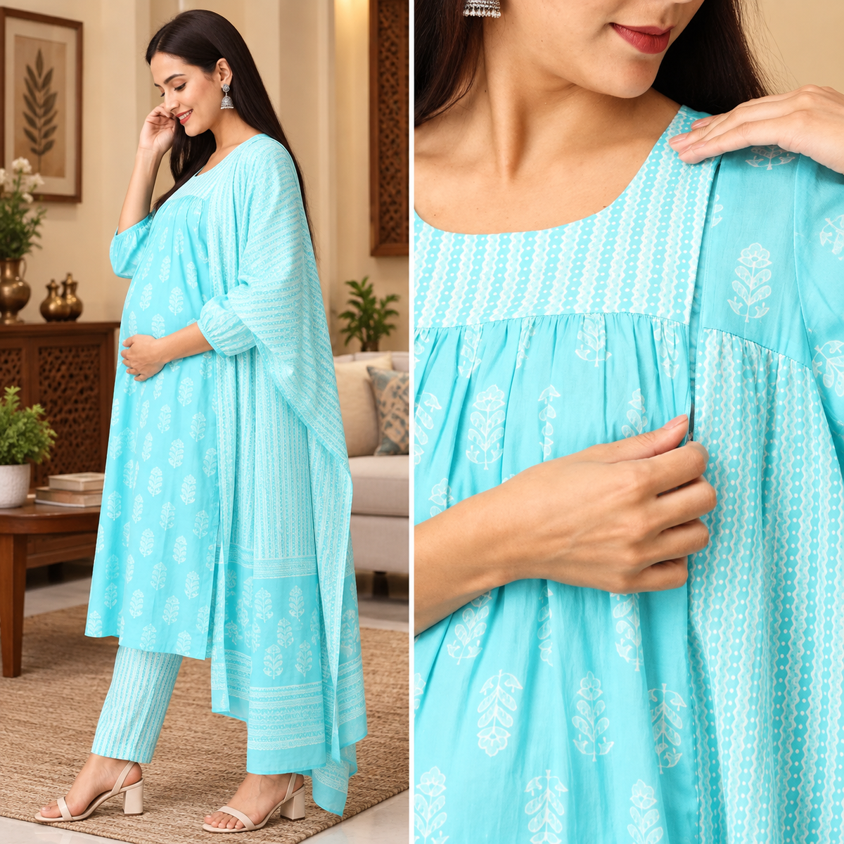 Turquoise Treasure Maternity & Nursing Kurta Set