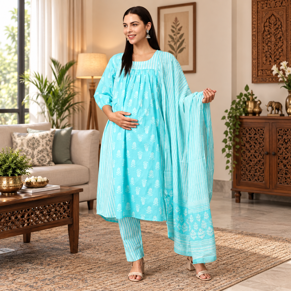 Turquoise Treasure Maternity & Nursing Kurta Set