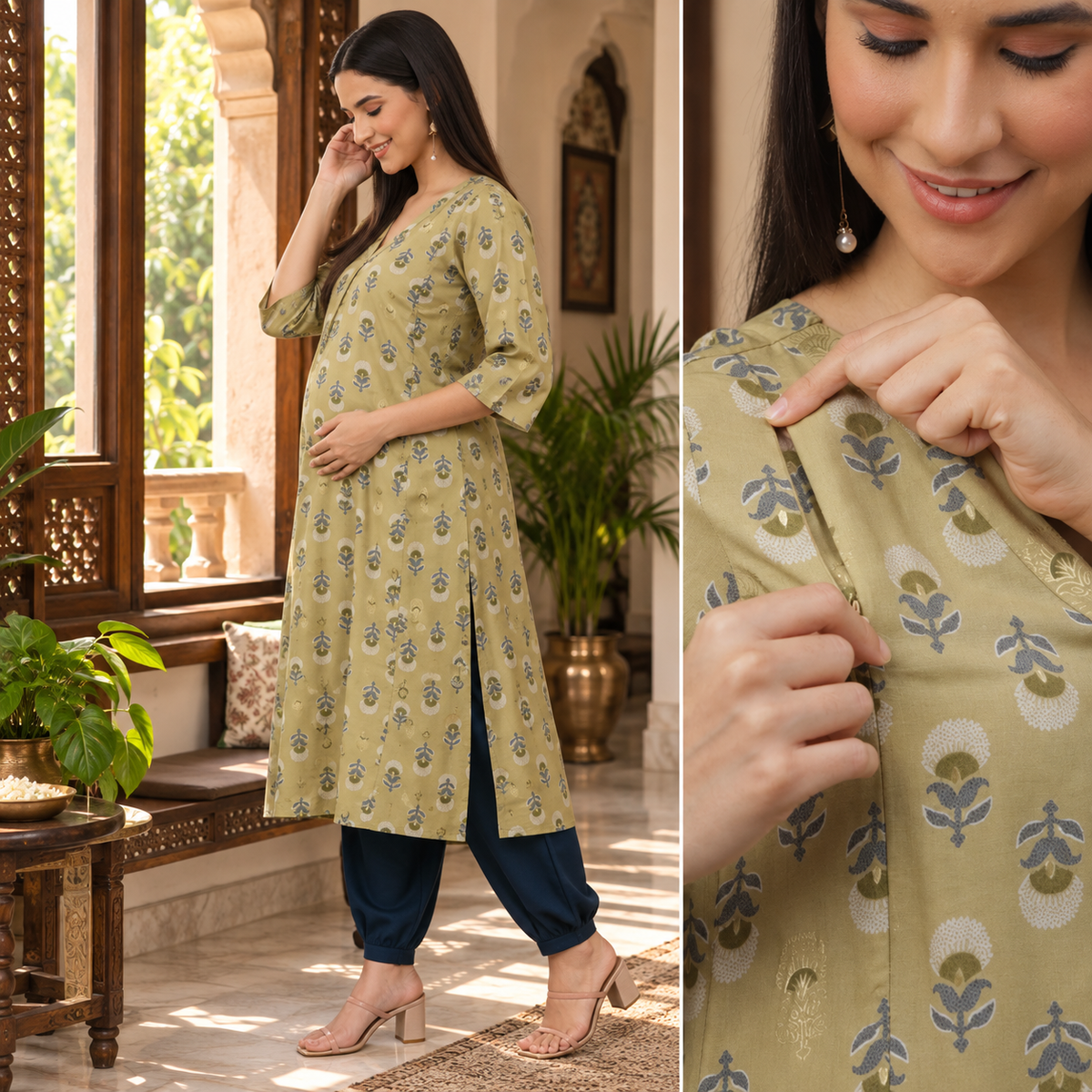 Garden Party Maternity & Nursing Kurta Set – Olive