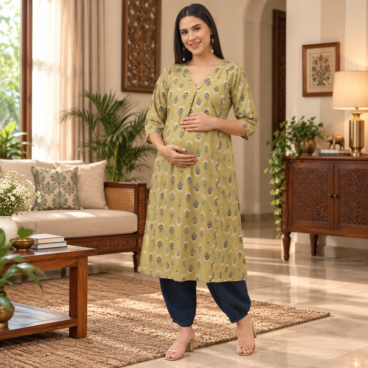 Garden Party Maternity & Nursing Kurta Set – Olive